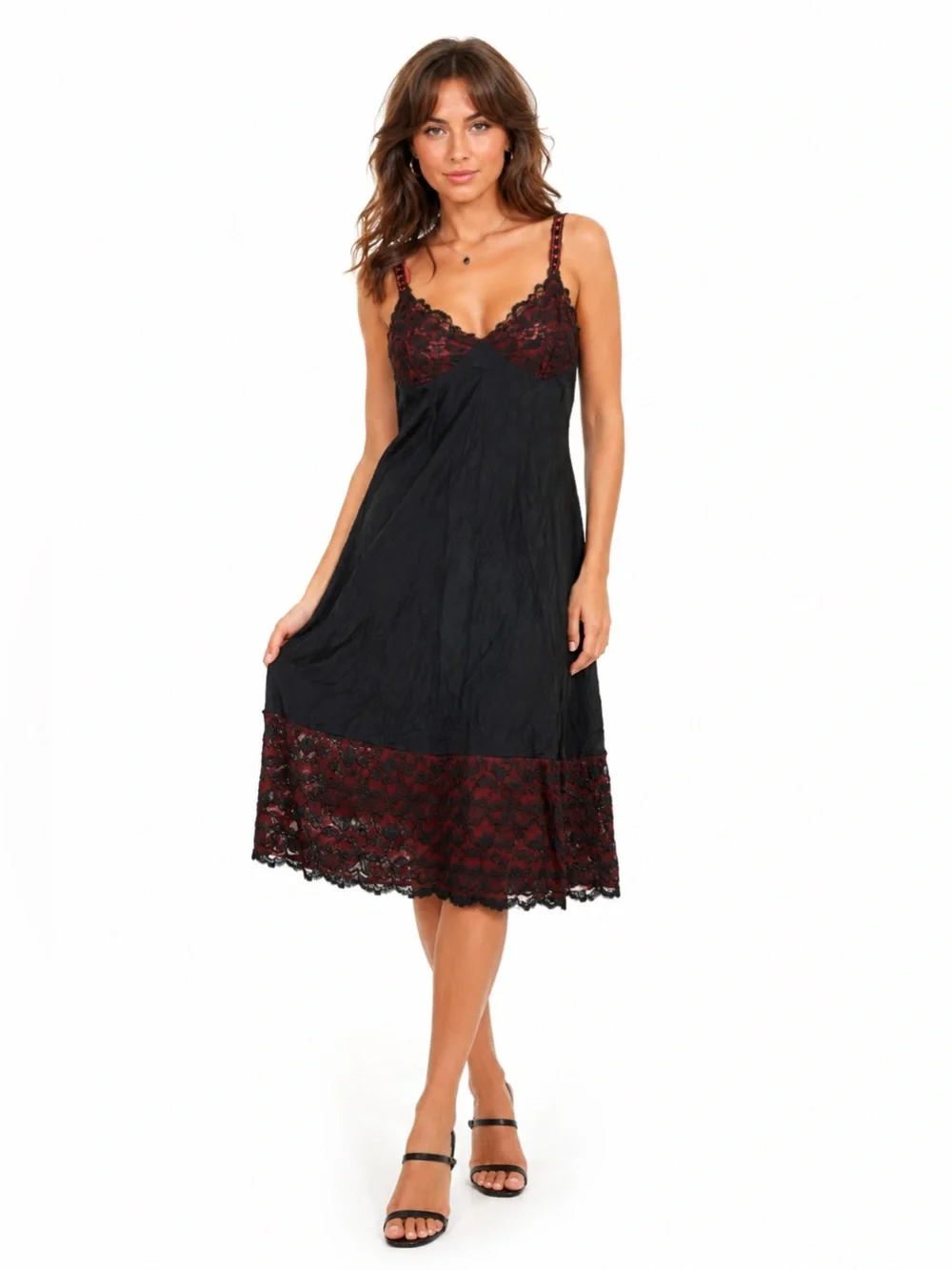 70s French Vintage Perlon Silky Lace Midi Slip Dress (Black/Burgundy) Size S/M